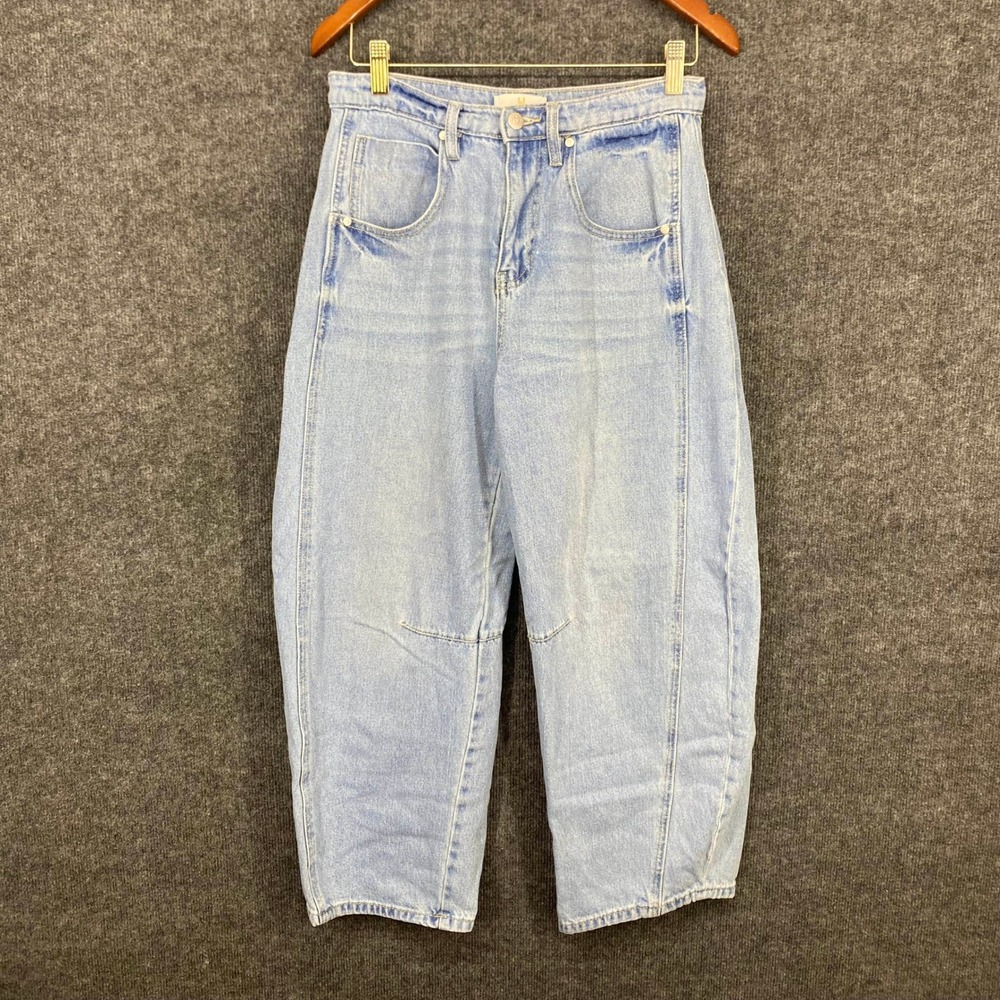 Austin Landing Light Wash Barrel Leg Jeans High Rise Seam Detail Size 7 Cotton
